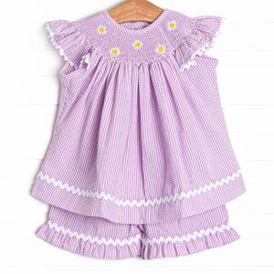 NEW Stitchy Fish Daisies Go By Smocked Ruffle Short Set, Lavender 4T